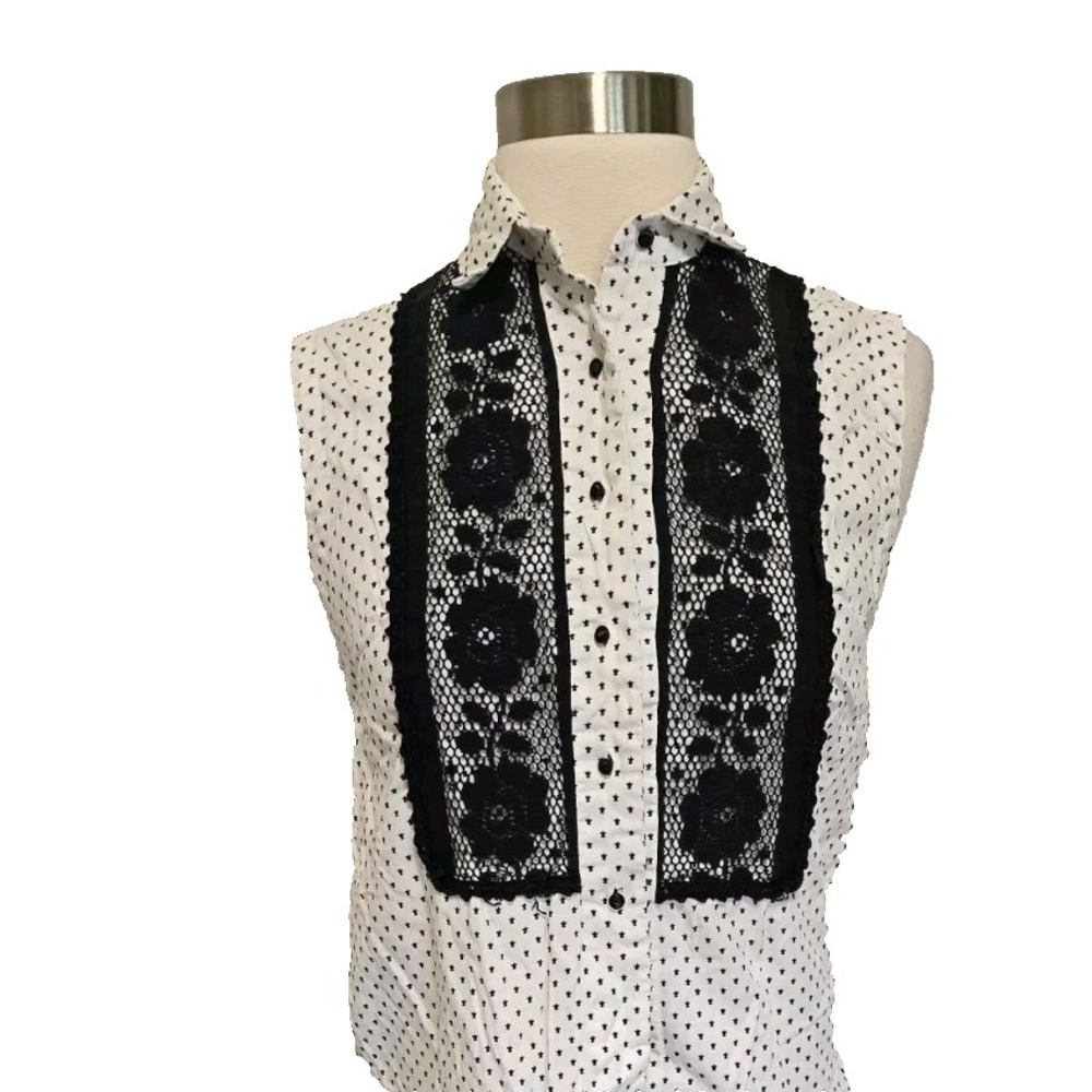 Womens 1950s 60  Vintage Tank Top White Black Print Lace‎ Detail